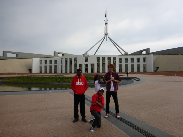 Kelvin Rogers, Nehemiah Farrell, Lester Gumbula and Mitchell Scott at Parliament House, Canberra