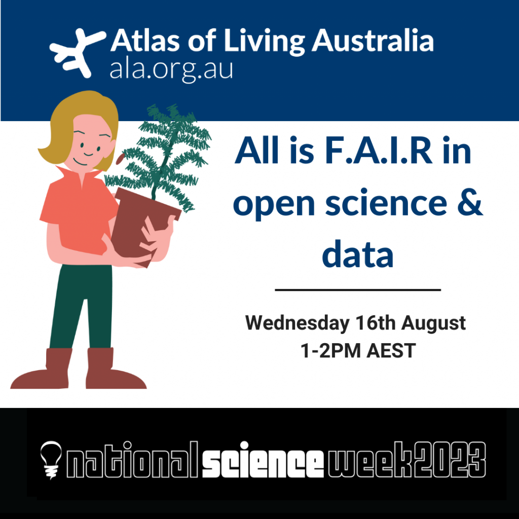 blue and white graphic with a person holding a plant that reads all is fair in open science and data