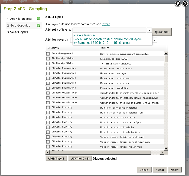 Select the environmental and contextual layers to be sampled at species locations Select the environmental and contextual layers to be sampled at species locations